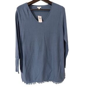 J Jill Blue Long Sleeve V Neck Cotton Blend Sweater Frayed Hem in Bayside LP NWT
